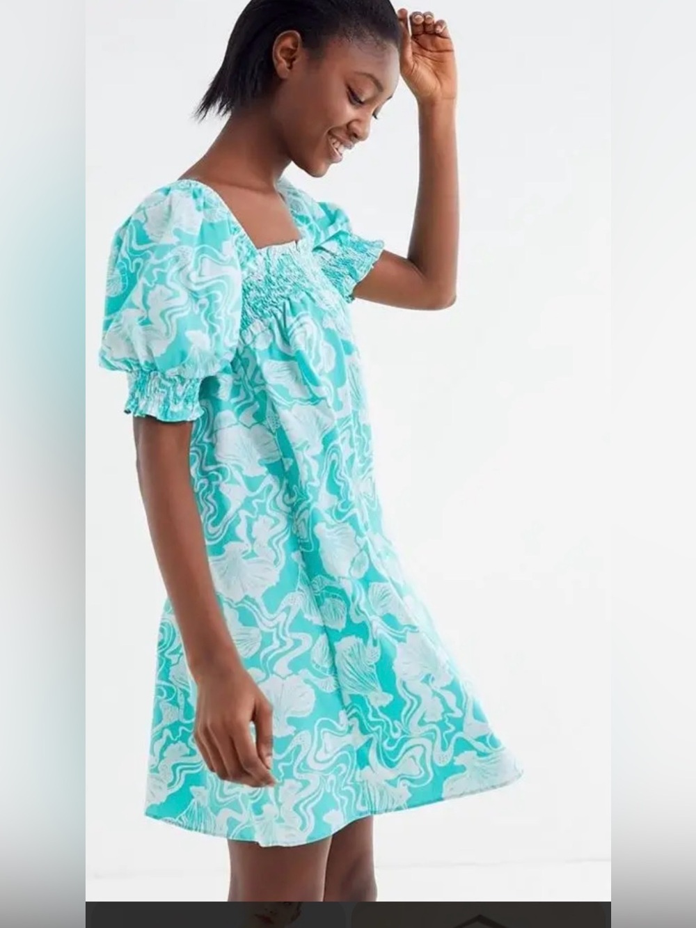 Urban Outfitters vintage cotton Aqua & White Floral Puff-Sleeve Dress sz XS